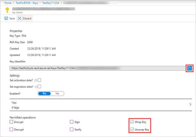 Скриншот страницы настроек ключей Azure Key Vault с включенными операциями Wrap key и Unwrap key.