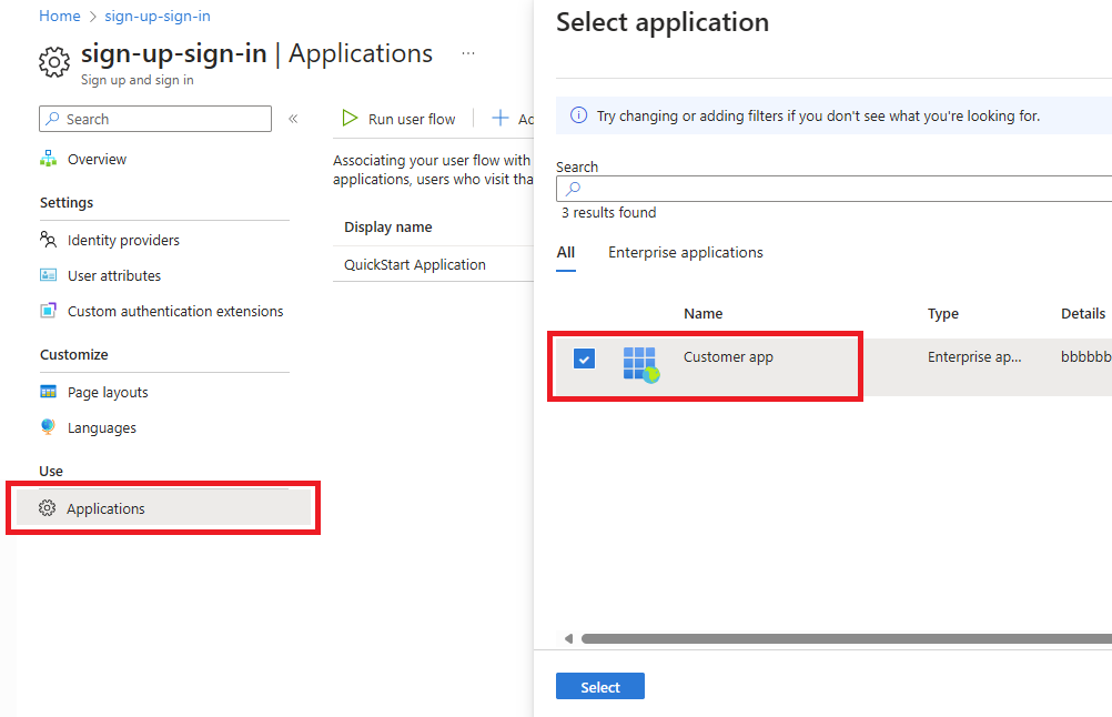 Снимок экрана: выбор приложения для пользовательского потока.