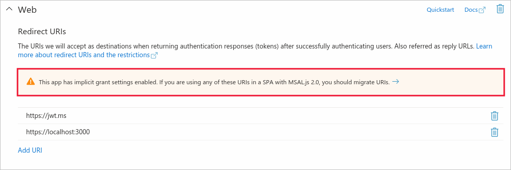 Неявный баннер предупреждения о потоке на плитке веб-приложения в Центре администрирования Entra.