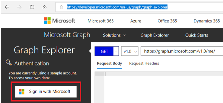 Снимок экрана входа в Microsoft Graph Explorer.