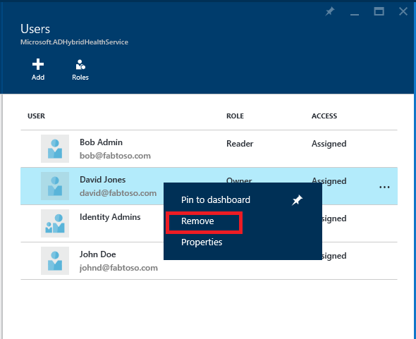 Снимок экрана Microsoft Entra Connect Health и Azure RBAC с выделенным параметром Удалить