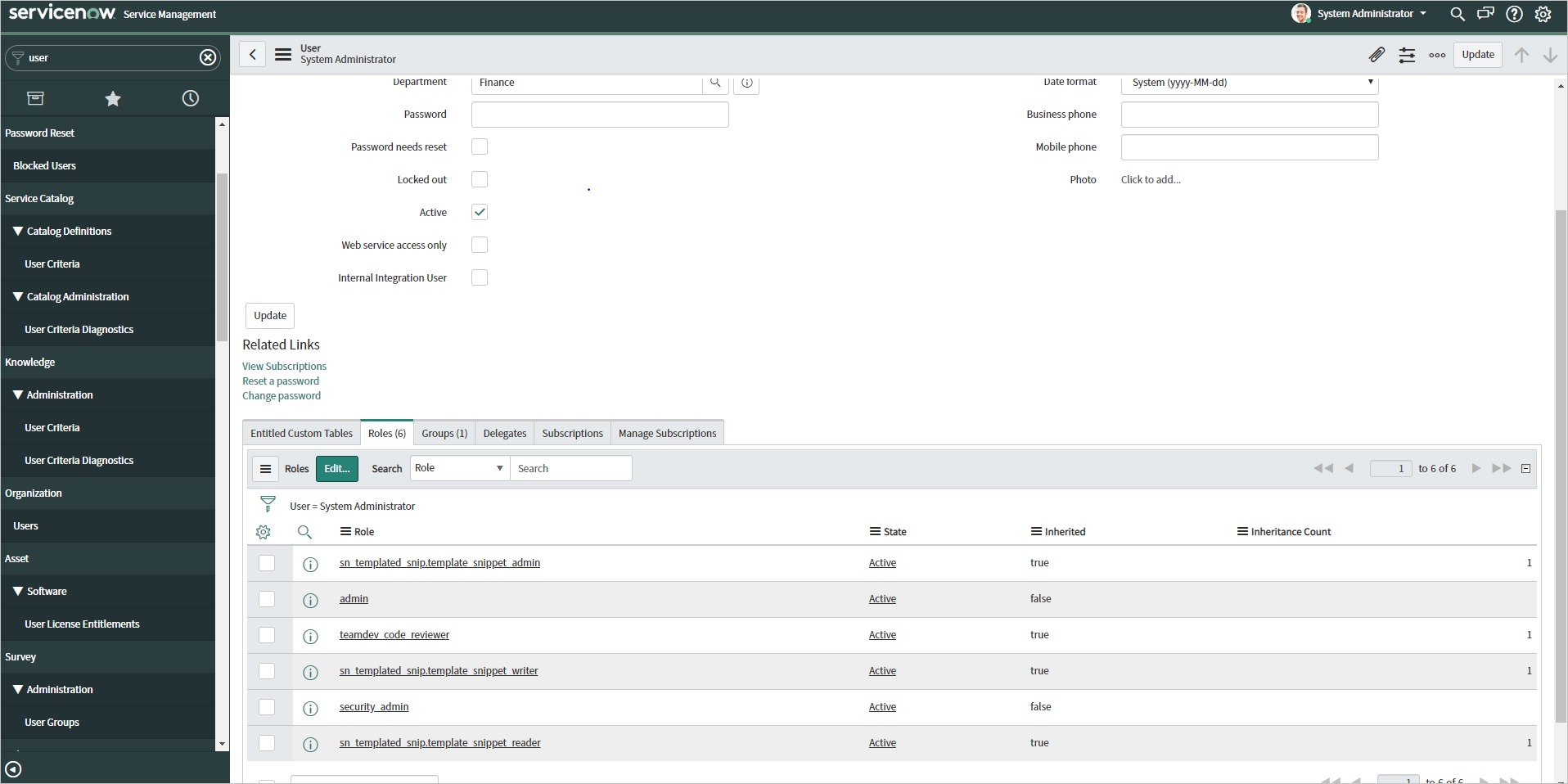 Снимок экрана, показывающий роль администратора ServiceNow.