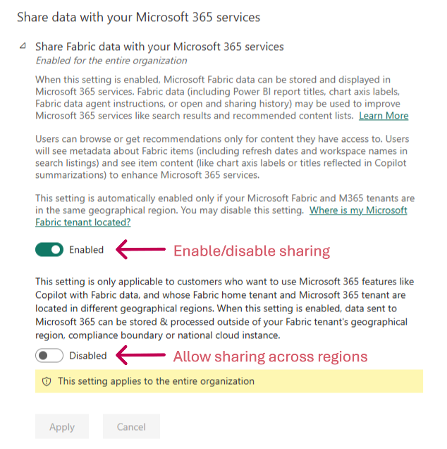 Снимок экрана: данные Share Fabric с параметром клиента служб Microsoft 365.