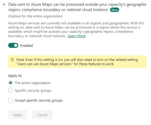 Снимок экрана настроек обработки данных Azure Maps.