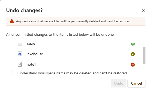 Снимок экрана окна системы управления версиями с вопросом, уверены ли вы, что хотите отменить изменения, когда обнаруживаются элементы, которые будут удалены.