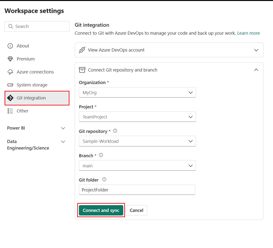 Снимок экрана окна настроек интеграции Git, в котором рабочая область подключена к основной ветке репозитория.