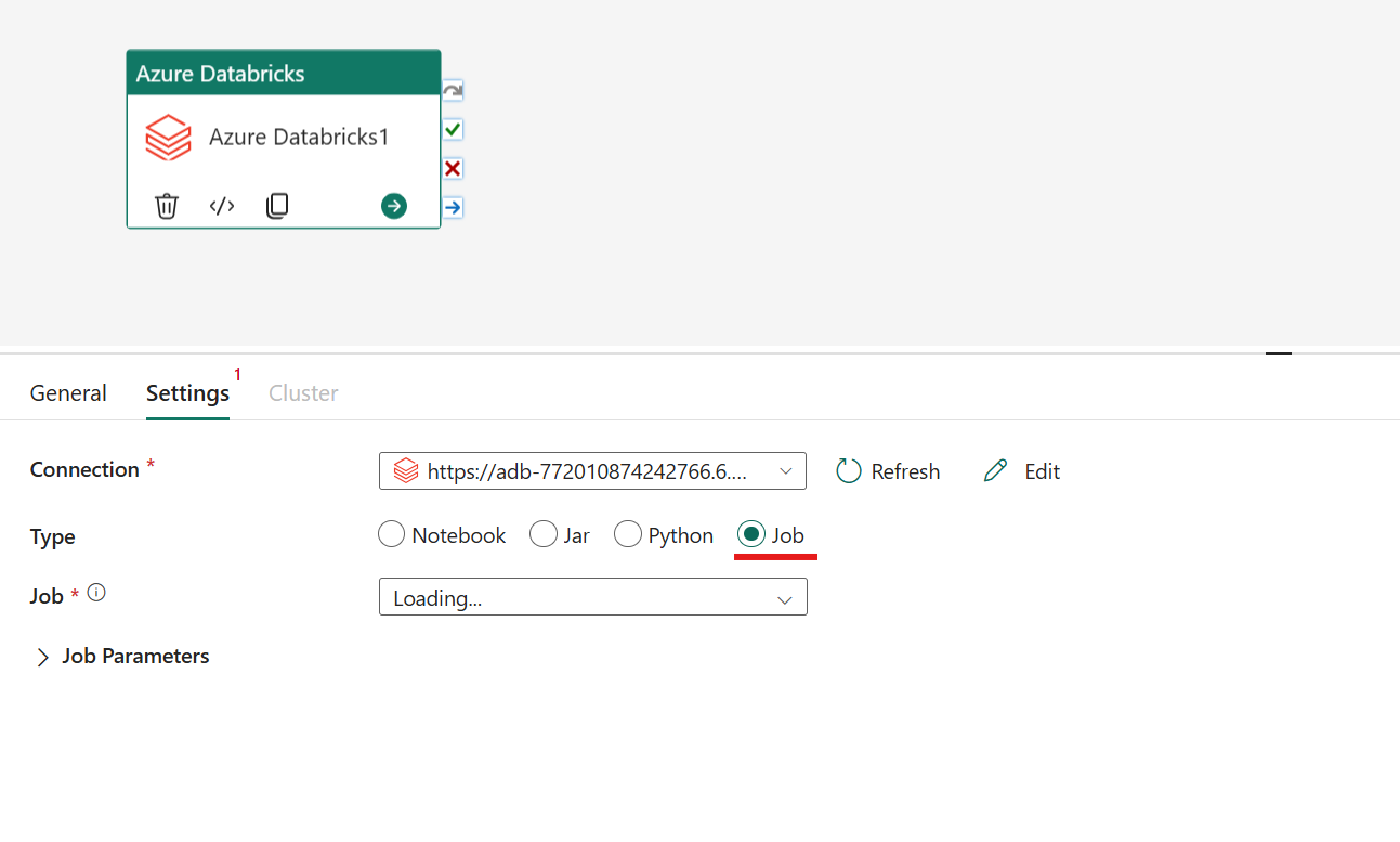 Снимок экрана, показывающий тип задания для активности Azure Databricks.