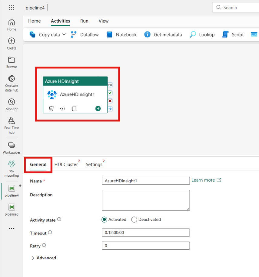 Снимок экрана: действие Azure HDInsight на холсте редактора конвейера.