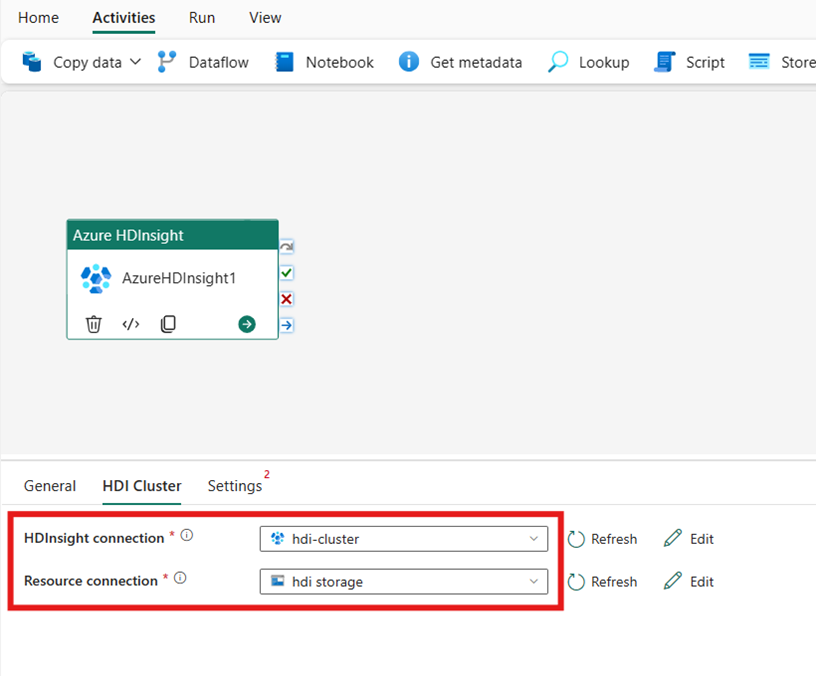 Снимок экрана: свойства кластера HDI для действия Azure HDInsight.