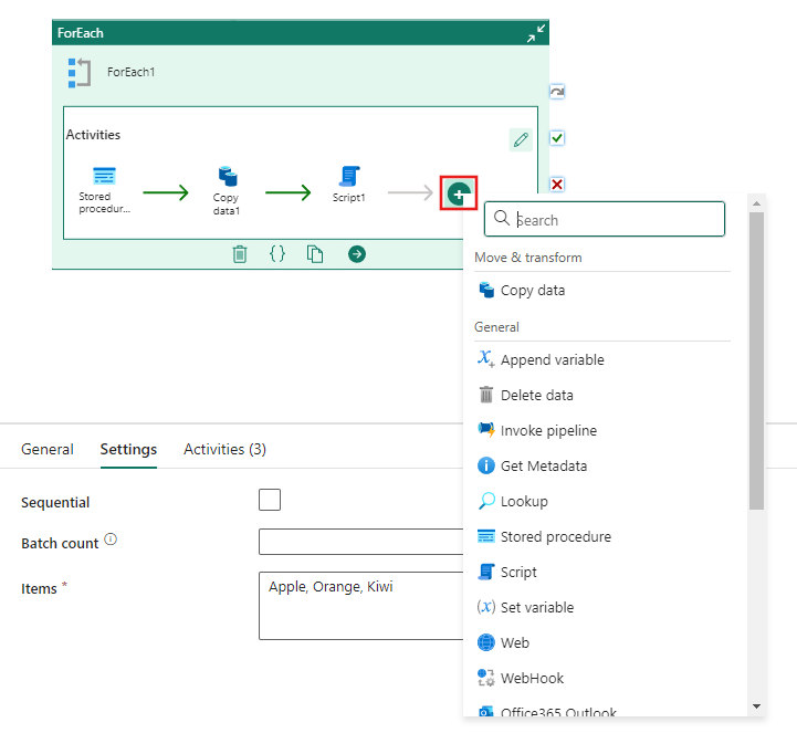 Screenshot showing a ForEach activity with multiple child activities specified, and the + button highlighted showing a list of child activities to choose from when adding new activities to the pane.