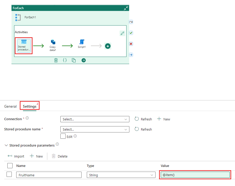 Screenshot showing a stored procedure child activity with a parameter using the current @item() from the ForEach items list for its value.