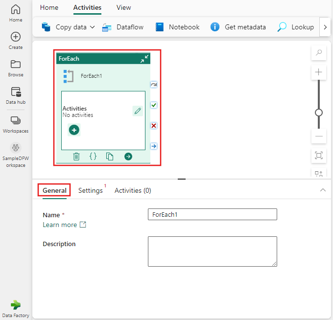 Screenshot showing the General settings tab of the ForEach activity.