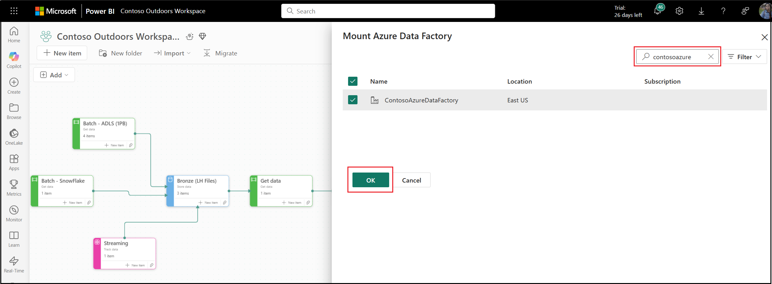 Снимок экрана: раскрывающийся список Фабрики данных Azure в Fabric.