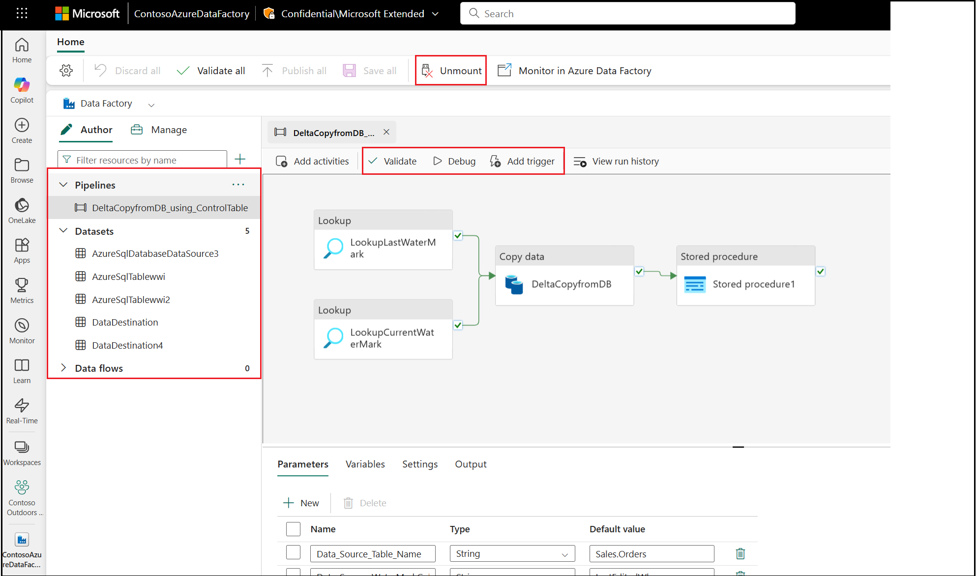 Снимок экрана: размонтирование элемента фабрики данных Azure в системе Fabric.