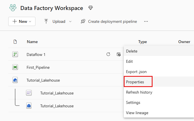 Screenshot showing the Properties option selected on the menu for a dataflow where it can be renamed.