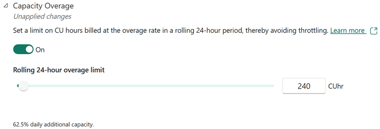 Снимок экрана: раздел о превышении емкости в параметрах емкости.