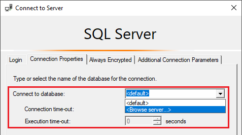 Screenshot, показывающий диалоговое окно подключения SQL Server Profiler к серверу. Раздел подключения к базе данных выделен.