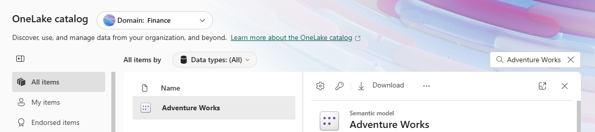 Снимок экрана: каталог OneLake с изображением домена.