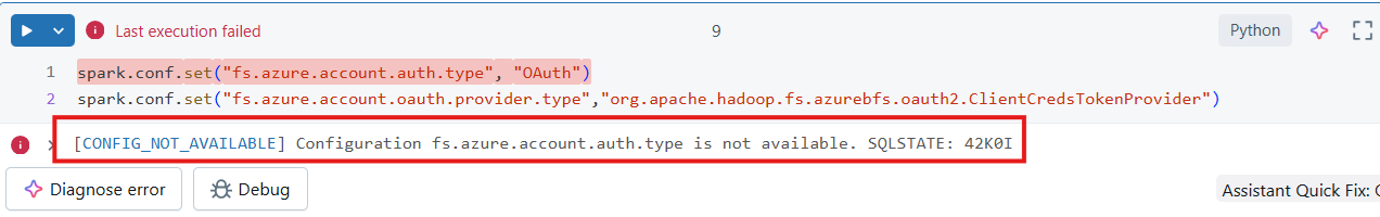 Снимок экрана: сообщение об ошибке, если пользователь пытается изменить неподдерживаемую конфигурацию Spark в бессерверных вычислениях.