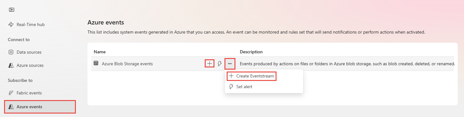 Снимок экрана: страница событий Центра реального времени Azure.