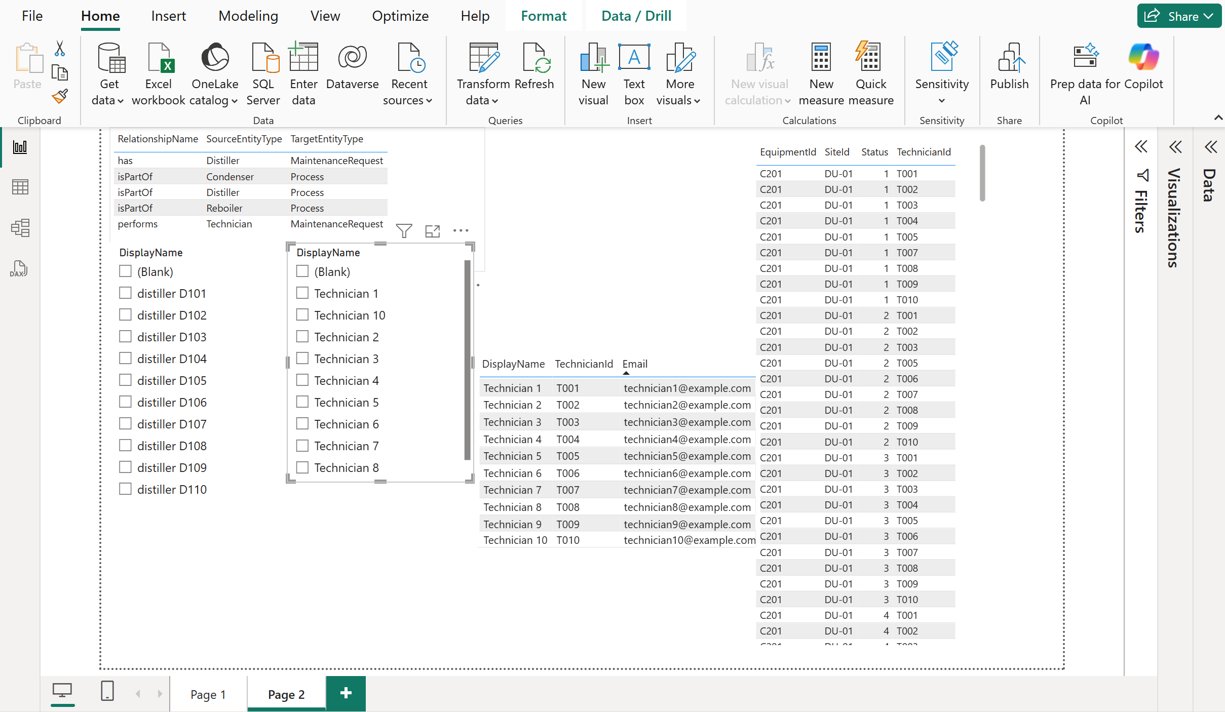 Снимок экрана: страница 2 панели мониторинга Power BI, на которой показаны данные об экземплярах связей для заказов на обслуживание.