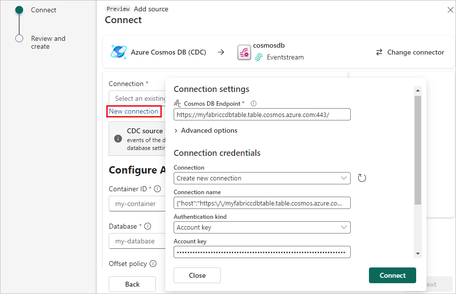 Снимок экрана параметров подключения источника CDC в Azure Cosmos DB.