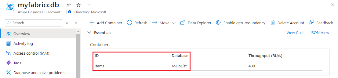 Снимок экрана списка контейнеров для учетной записи API NoSQL Azure Cosmos DB.