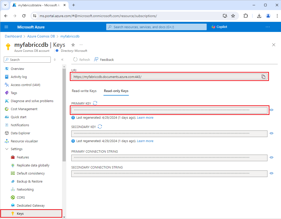 Скриншот URI и первичного ключа на странице ключей Azure Cosmos DB в портале Azure.