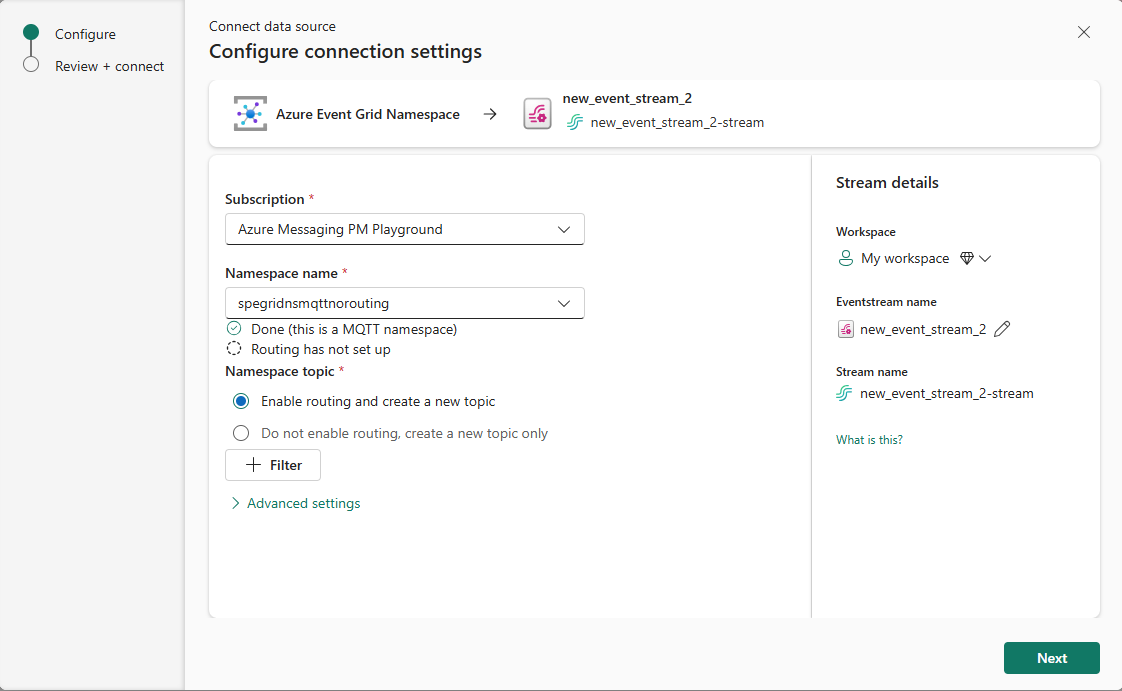 Скриншот настроек конфигурации для пространства имен в области Azure Event Grid, когда MQTT задействовано, но маршрутизация не активирована.