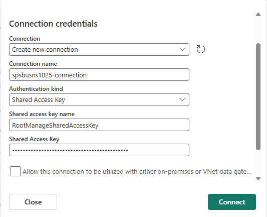 Снимок экрана с учетными данными подключения для соединителя службы Azure Service Bus.