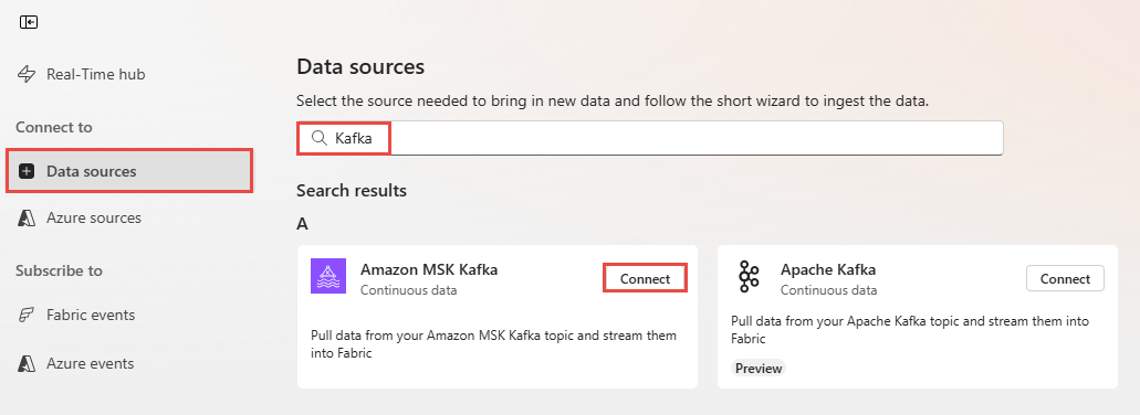 Снимок экрана: выбор Amazon MSK Kafka в качестве исходного типа в мастере получения событий.