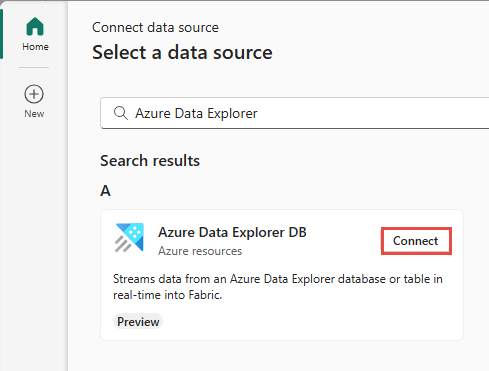 Снимок экрана, показывающий выбор Azure Data Explorer в качестве типа источника в мастере получения событий.