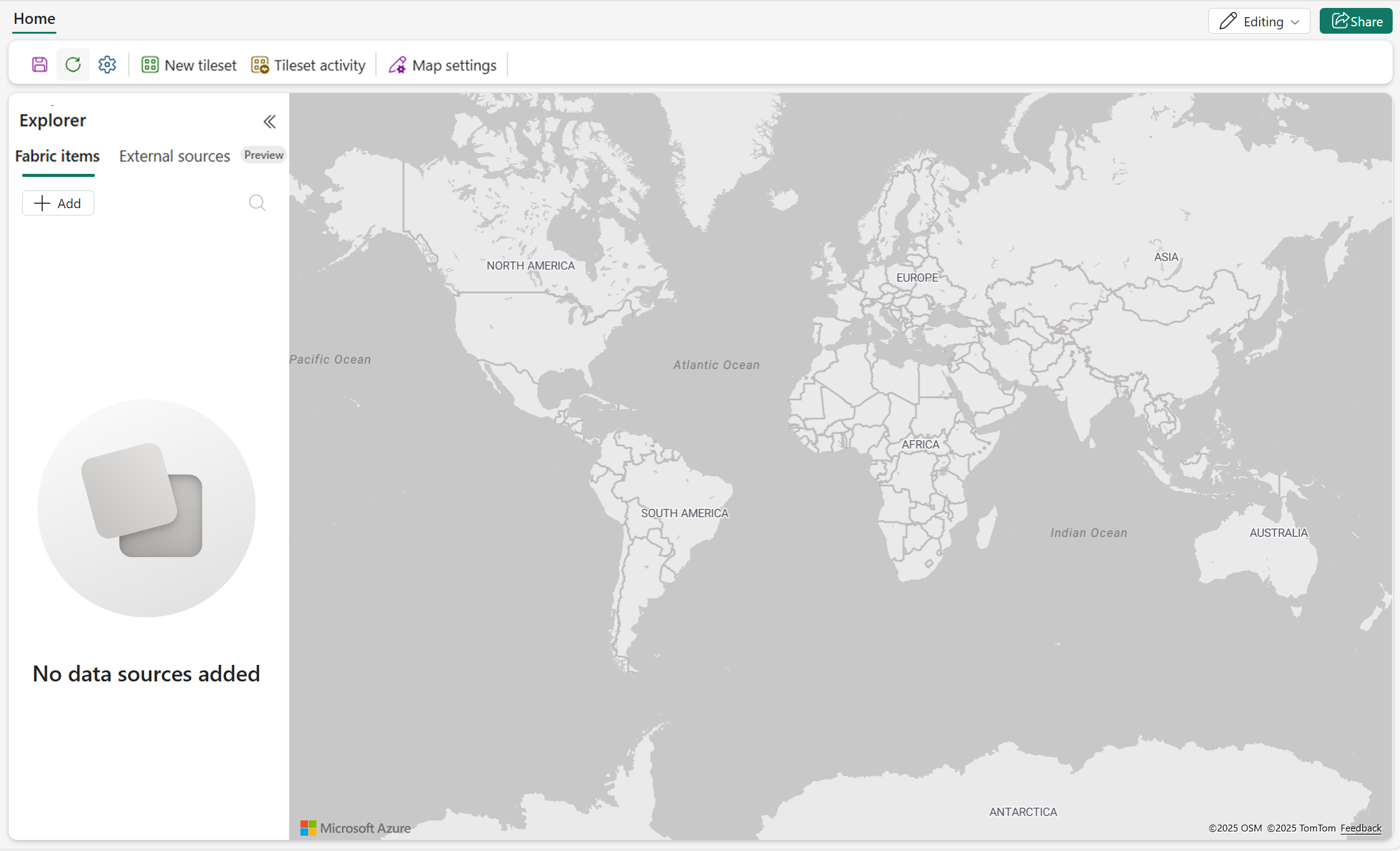 Снимок экрана нового редактора карт в Microsoft Fabric с пустой картой.