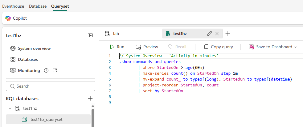 Снимок экрана запроса KQL активности в минутах.