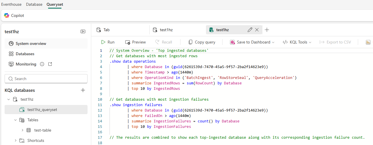 Снимок экрана запроса KQL для 10 лучших потребленных баз данных.