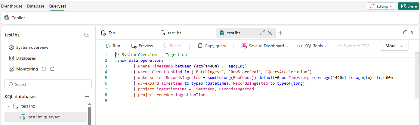 Снимок экрана запроса KQL деталей приема.