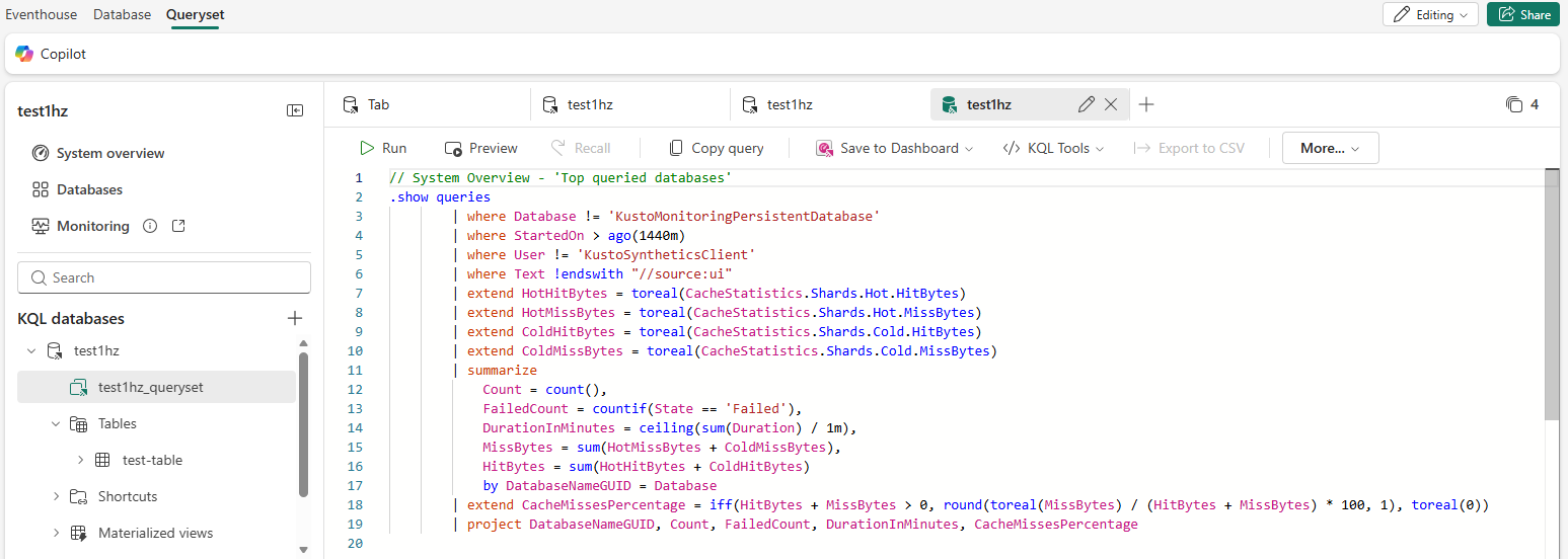 Снимок экрана KQL-запроса с наиболее часто запрашиваемыми 10 базами данных.