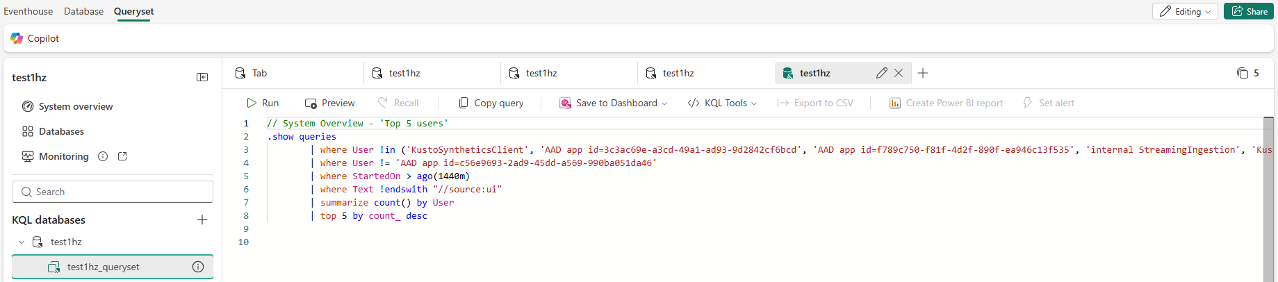 Скриншот активности в минутах — топ-5 пользователей по запросу KQL.