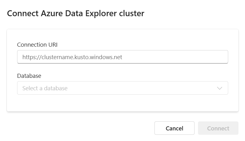 Снимок экрана: окно подключения с универсальным кодом ресурса (URI) кластера Azure Data Explorer. Выделена кнопка 