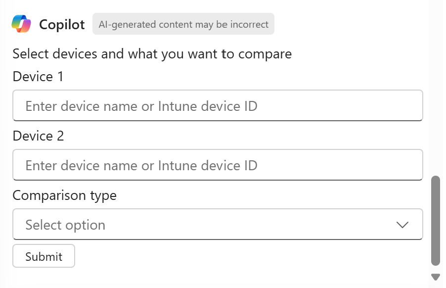 Снимок экрана: copilot сравнивает два устройства в центре администрирования Microsoft Intune или Intune.