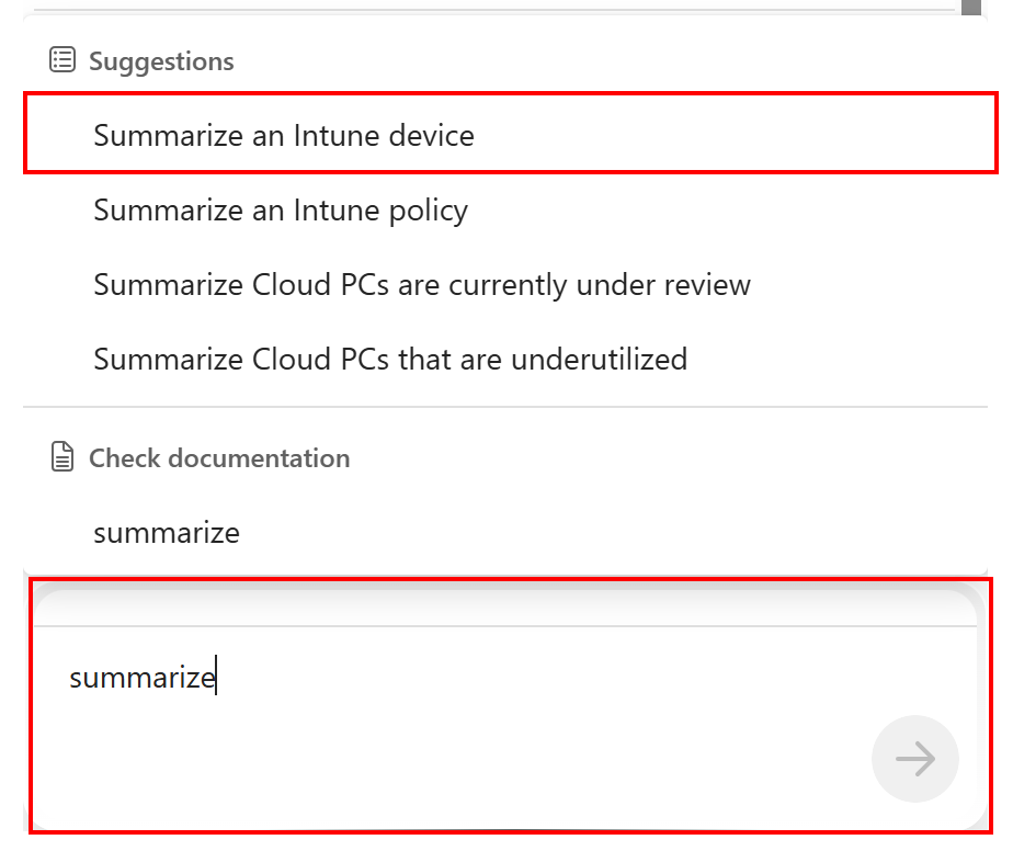 Снимок экрана: сводка запрос Copilot устройства Intune в центре администрирования Microsoft Intune или Intune.