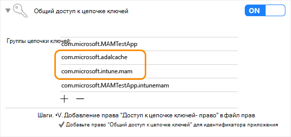 Пакет SDK для приложений Intune для iOS: общий доступ к связке ключей