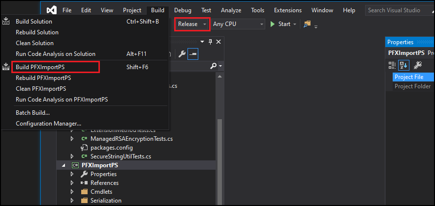 Меню Сборка Visual Studio с выделенной командой Build PFXImportPS