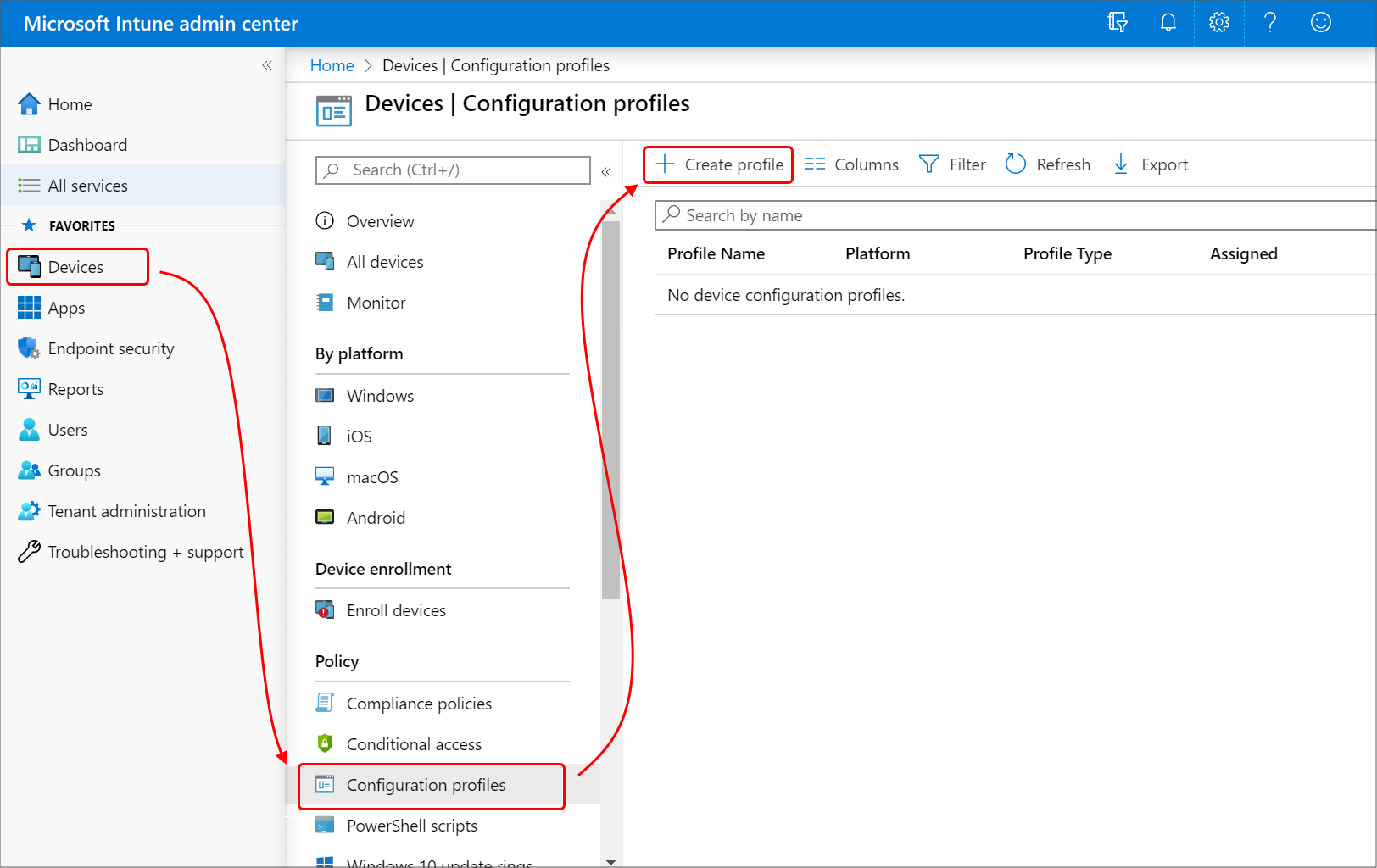 Intune центре администрирования, где отображается меню 