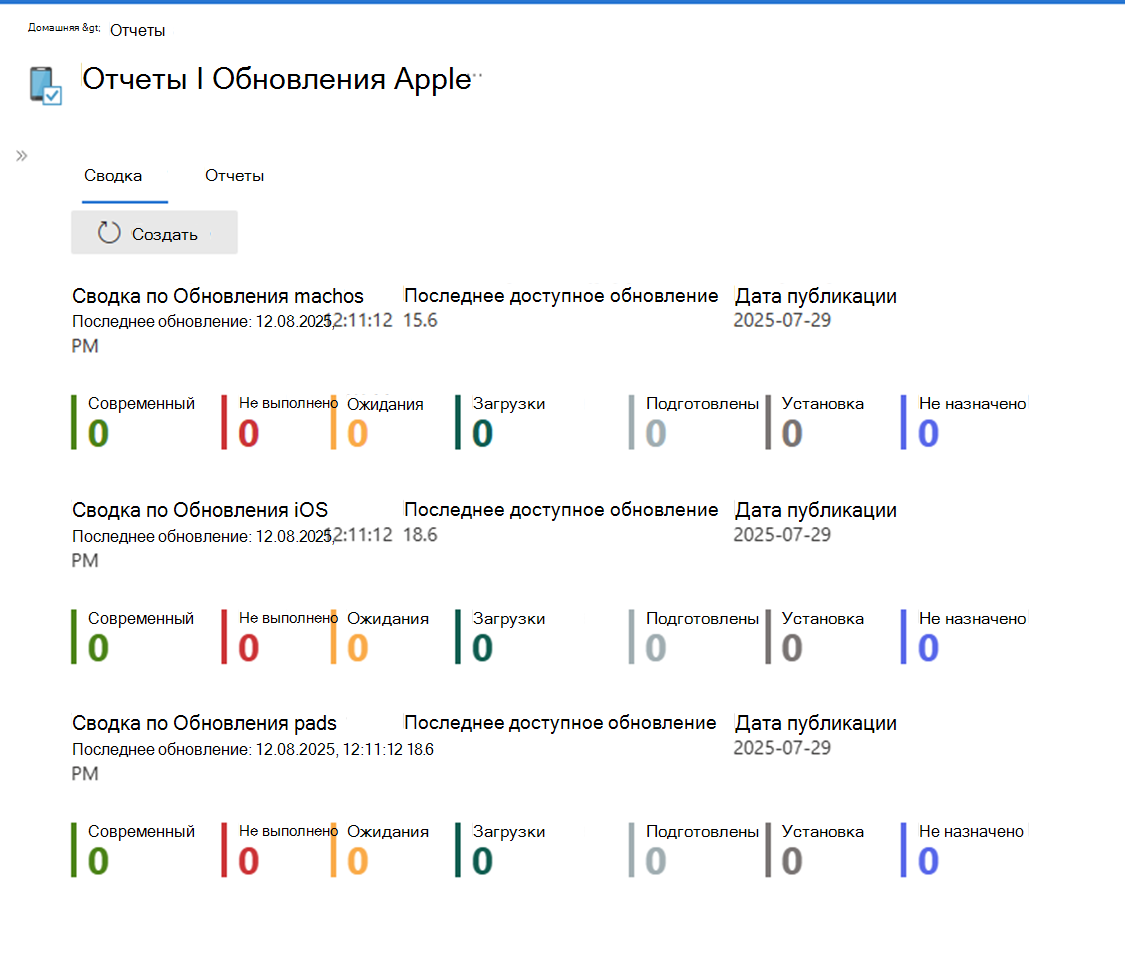 Снимок экрана, на котором показано представление сводки обновления программного обеспечения Apple.