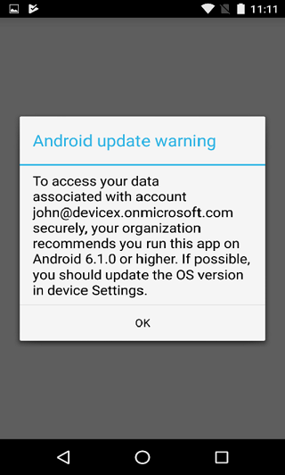 Изображение диалогового окна предупреждения об обновлении Android