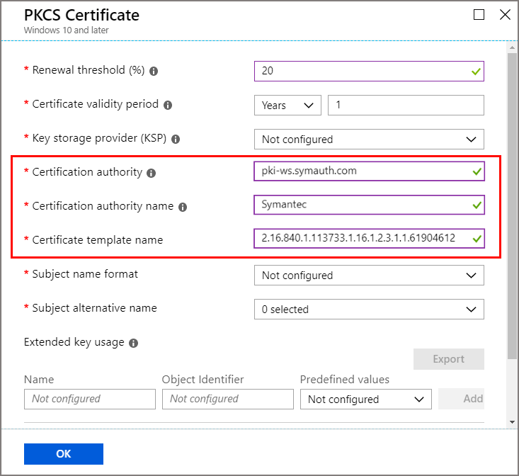Профиль сертификата PKCS с выбранным центром сертификации и шаблонами сертификатов, настроенными для DigiCert