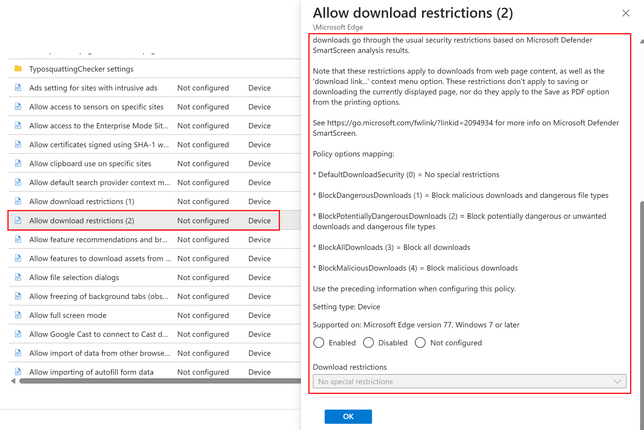 Снимок экрана: выбор шаблона ADMX Microsoft Edge и выбор примера параметра в Microsoft Intune и Центре администрирования Intune.