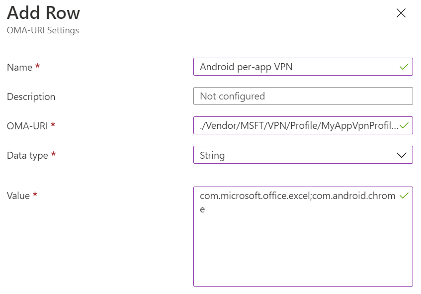 Снимок экрана, на котором показана настраиваемая политика VPN администратора устройства Android для каждого приложения в Microsoft Intune.