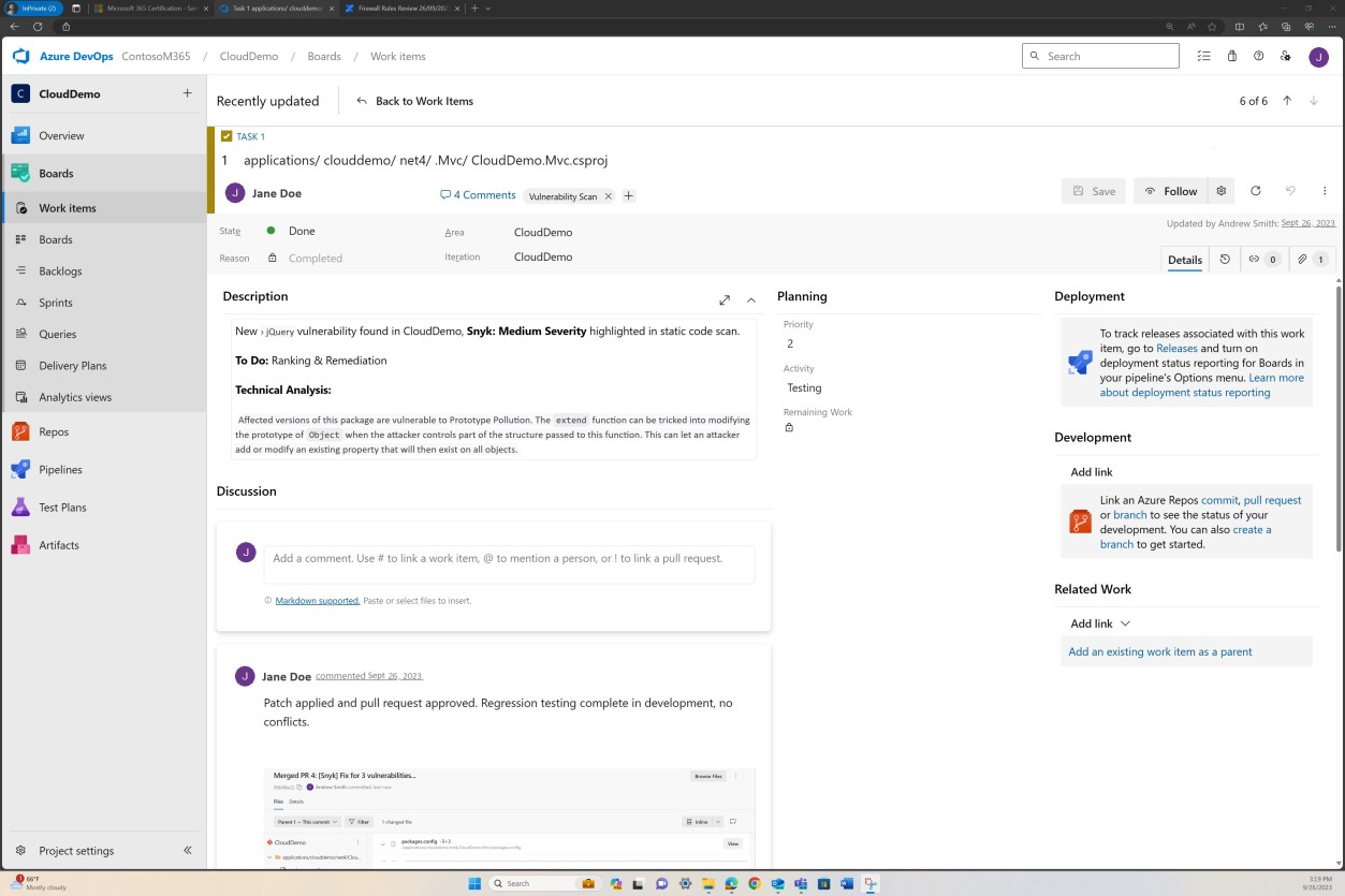 Azure список задач DevOps с описанием уязвимостей с комментариями.